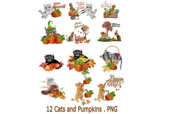 12 Autumn Cats and Pumpkin – A Versatile Clipart Collection for Fall Creativity