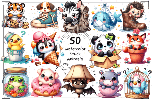 50 Watercolor Stuck Animals Clipart: A Whimsical Addition to Your Creative Projects