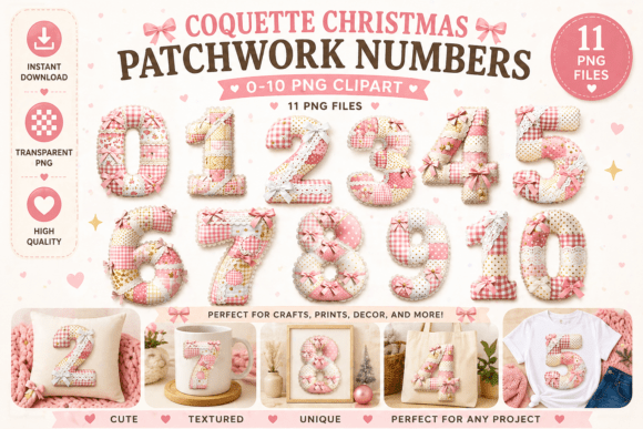 Coquette Christmas Patchwork Numbers for Feminine Holiday Designs