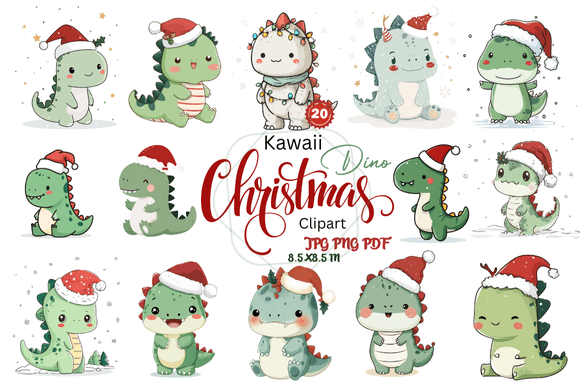 Kawaii Dino Christmas Clipart